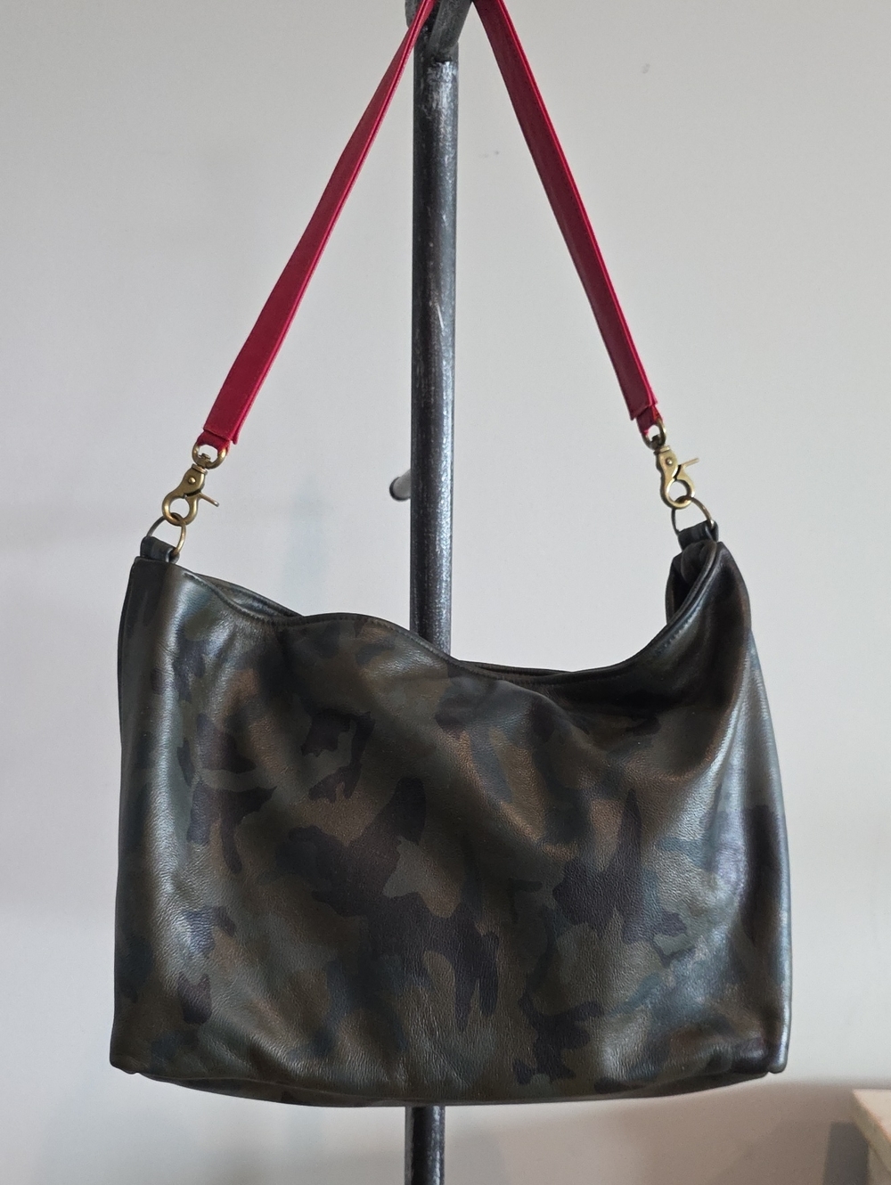 Women's Camouflage Leather Hobo Bag with Red Shoulder Strap